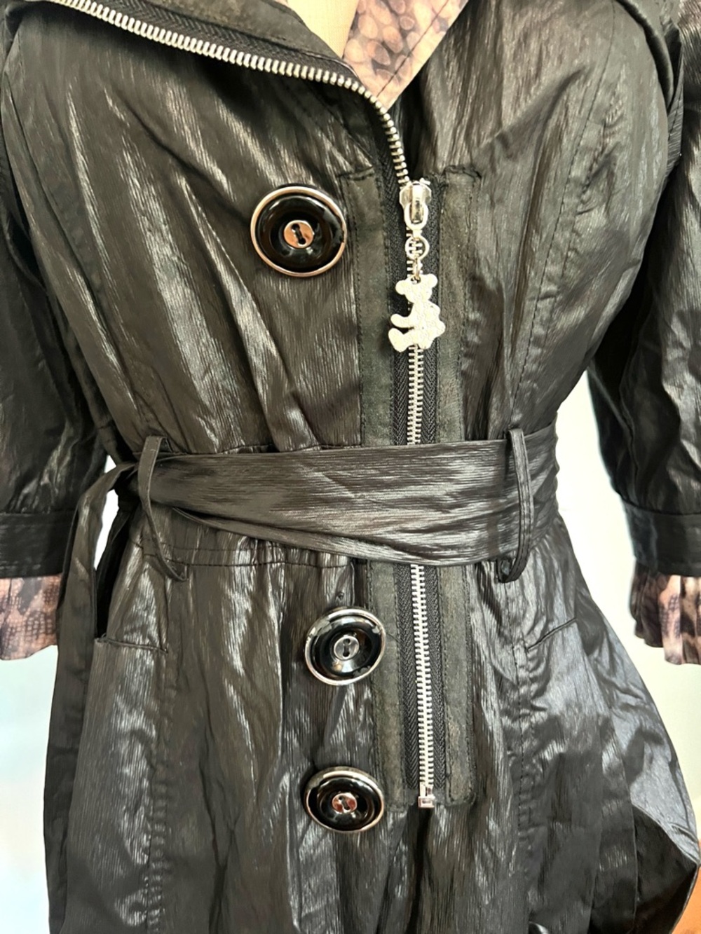 Black Belted Trench Coat Lined Collar Coat Dress Zip Button State Jacket Size S - Picture 2 of 10